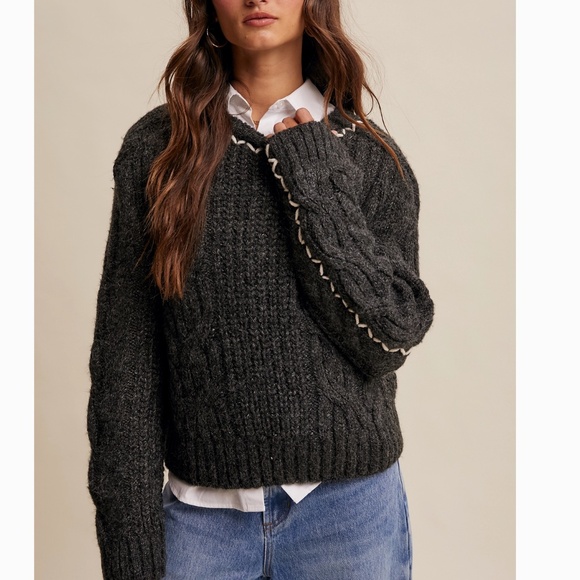 Listicle “ Theresa “ Listicle Braided Knit Sweater with Decorative Stitch 44 - Picture 2 of 11